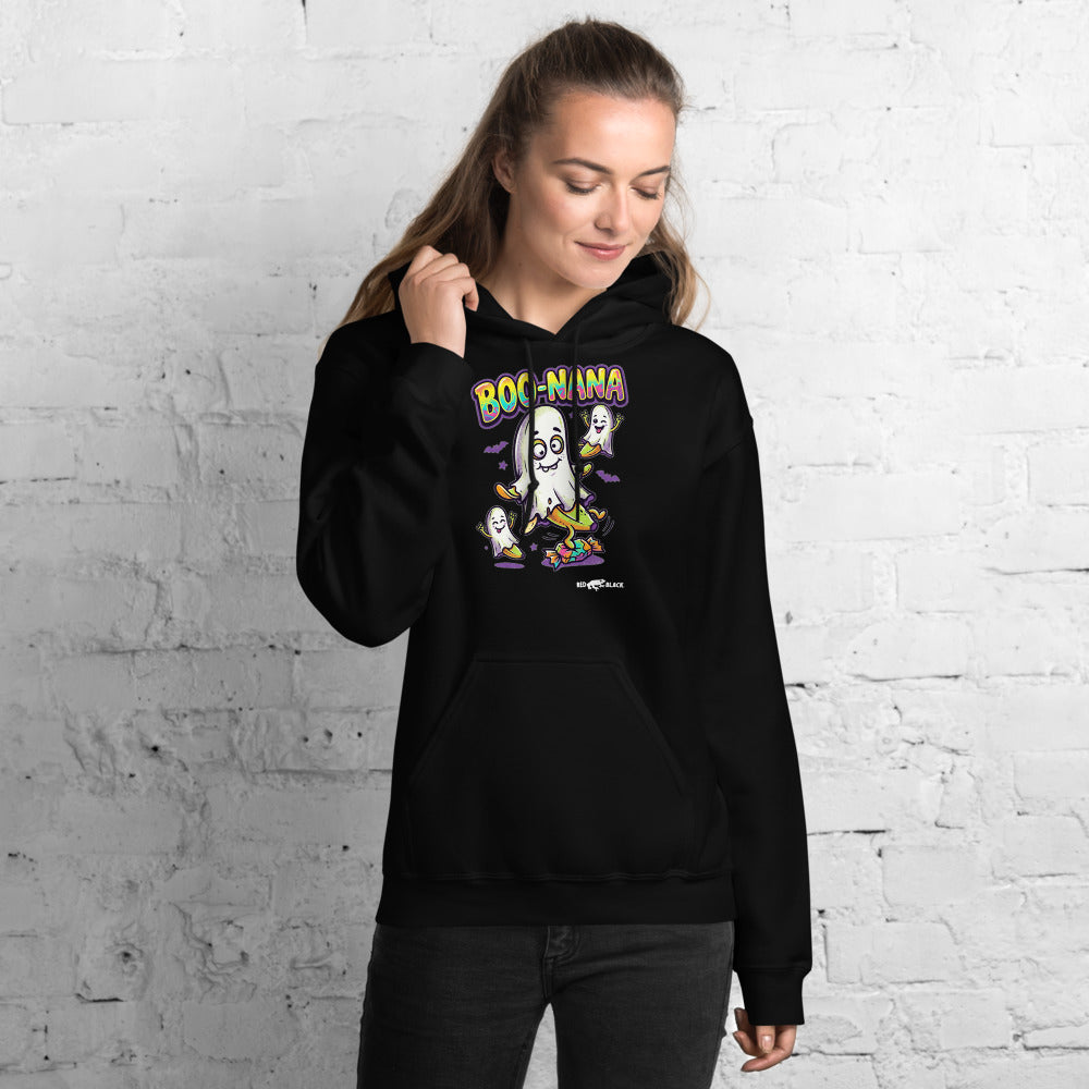 Boo-Nana hoodie on female model, Black