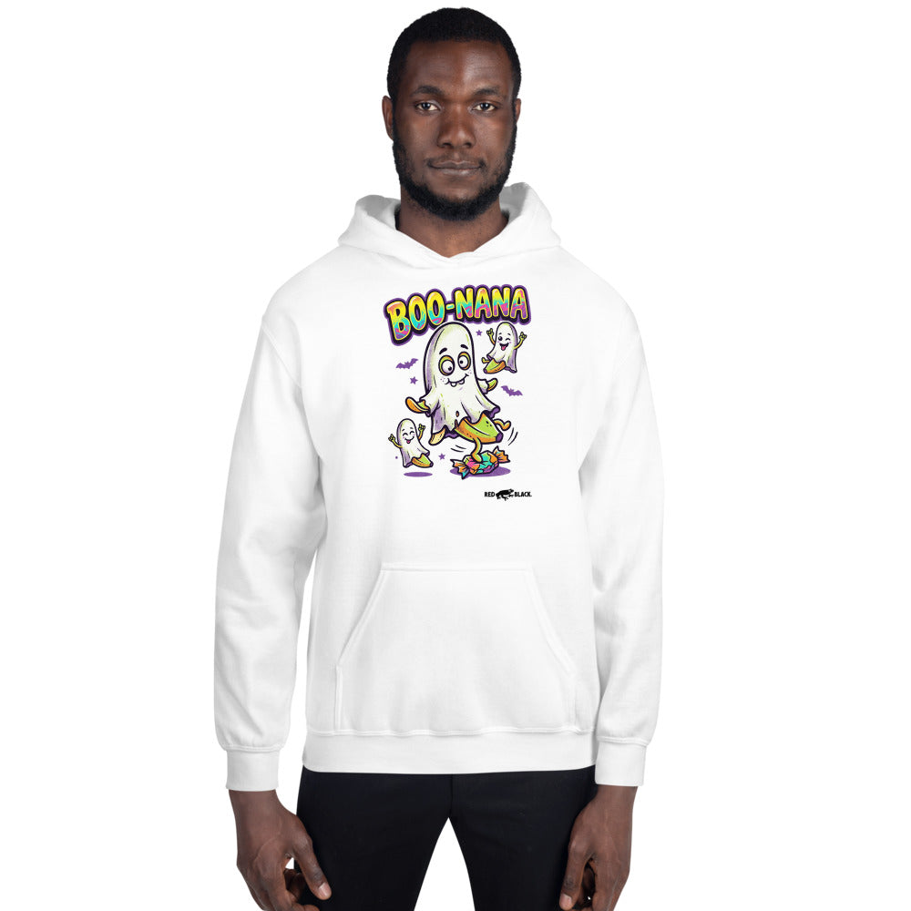 Boo-Nana hoodie on male model, White