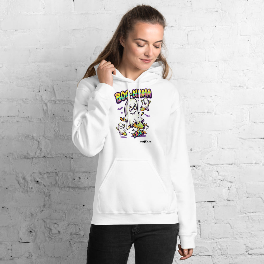 Boo-Nana hoodie on female model, White