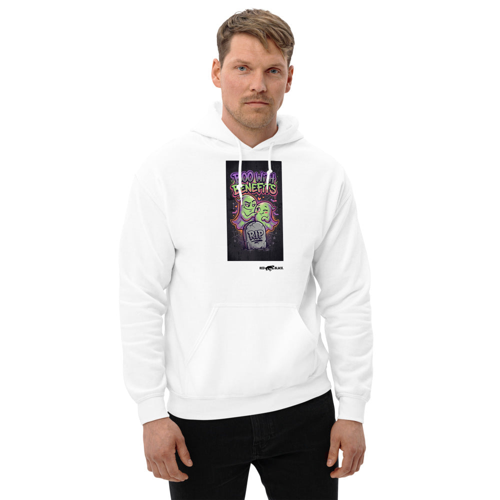 Boo With Benefits hoodie on male model, White