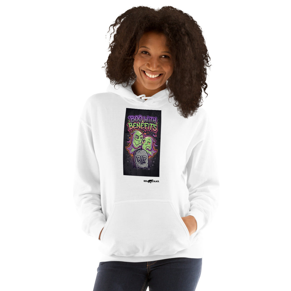 Boo With Benefits hoodie on female model, White