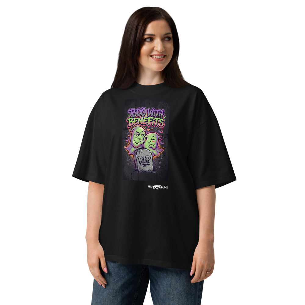 Boo With Benefits oversized tee on female model, Black