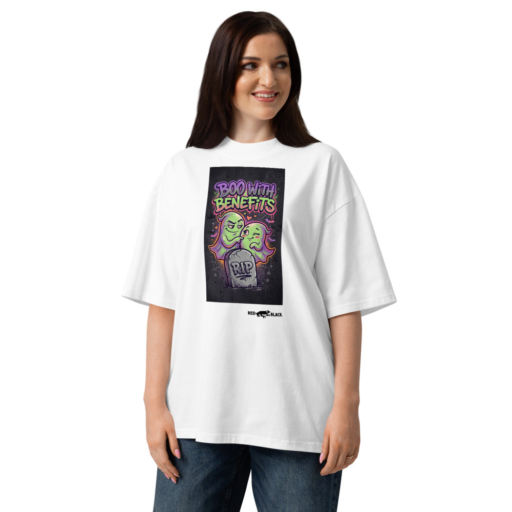 Boo With Benefits oversized tee on female model, White