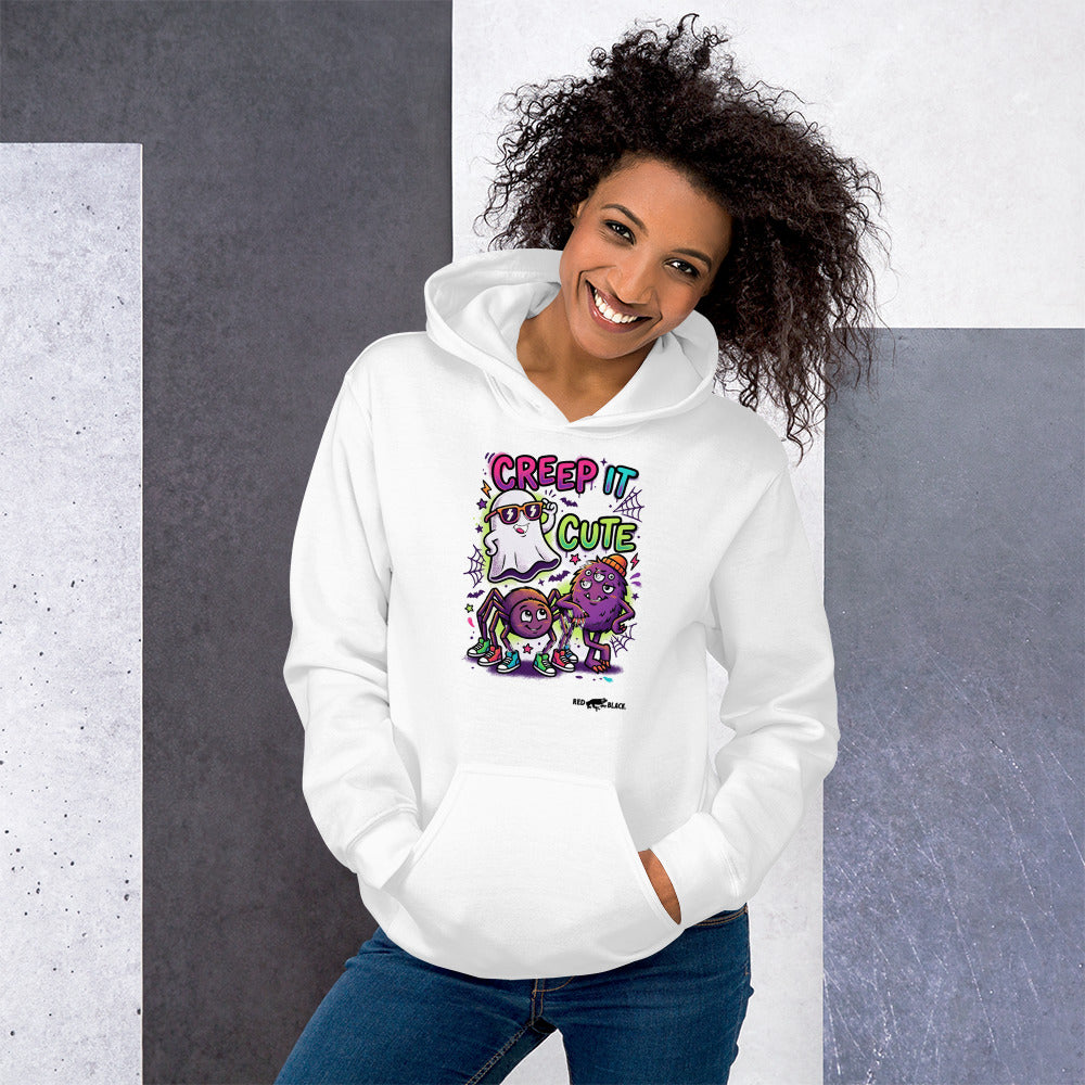 Creep It Cute hoodie on female model, White