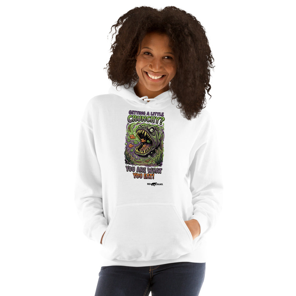 Crunchy hoodie on female model, White