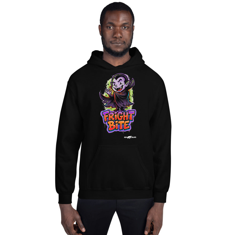 Fright Bite hoodie on male model, Black