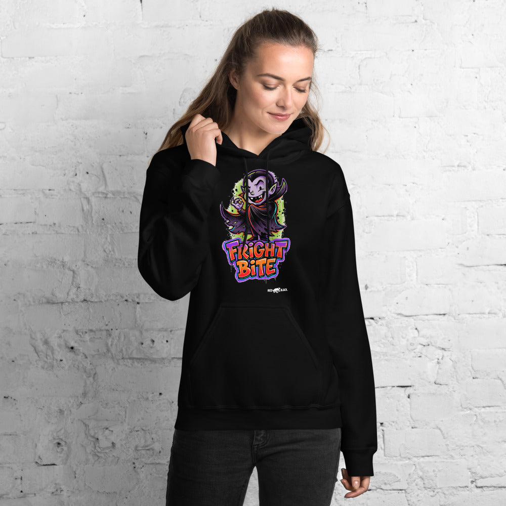 Fright Bite hoodie on female model, Black