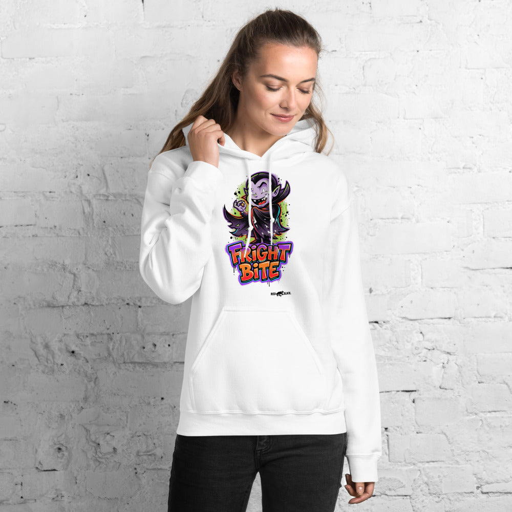 Fright Bite hoodie on female model, White