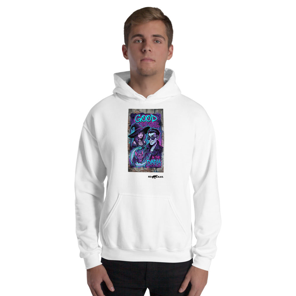 Good in the Dark hoodie on male model, White