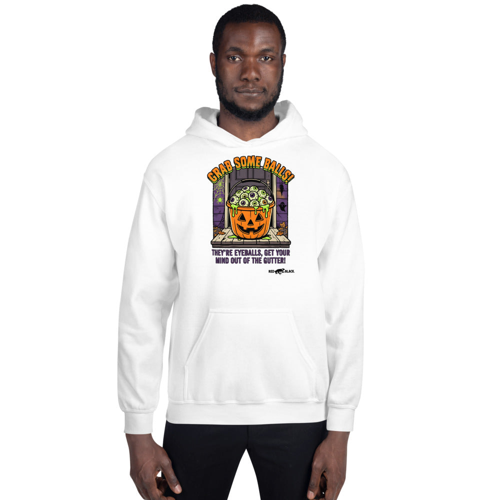 Grab Balls hoodie on male model, White