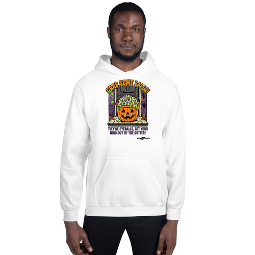 Grab Balls hoodie on male model, White