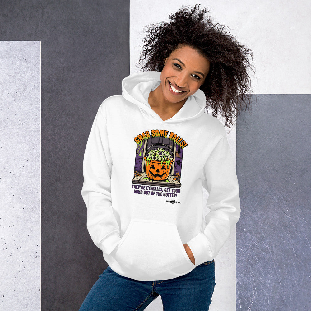 Grab Balls hoodie on female model, White