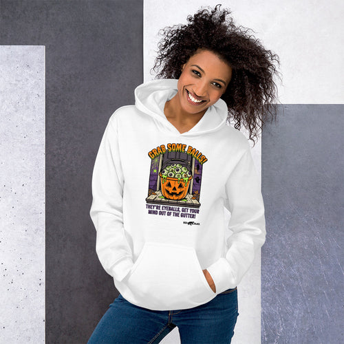 Grab Balls hoodie on female model, White