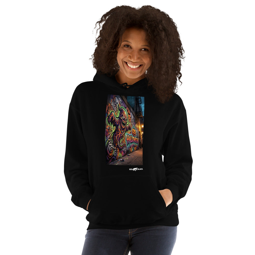 Halloween Ghost Wall hoodie on female model, Black