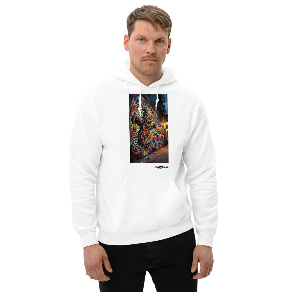 Halloween Ghost Wall hoodie on male model, White