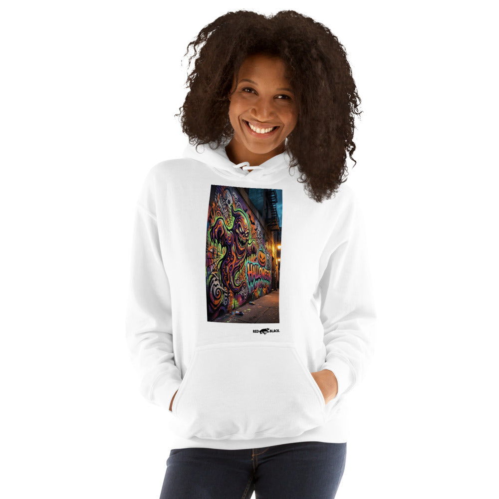 Halloween Ghost Wall hoodie on female model, White
