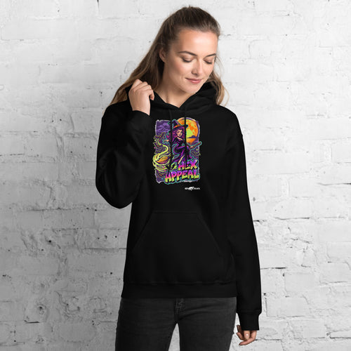 Hex Appeal hoodie on female model, Black