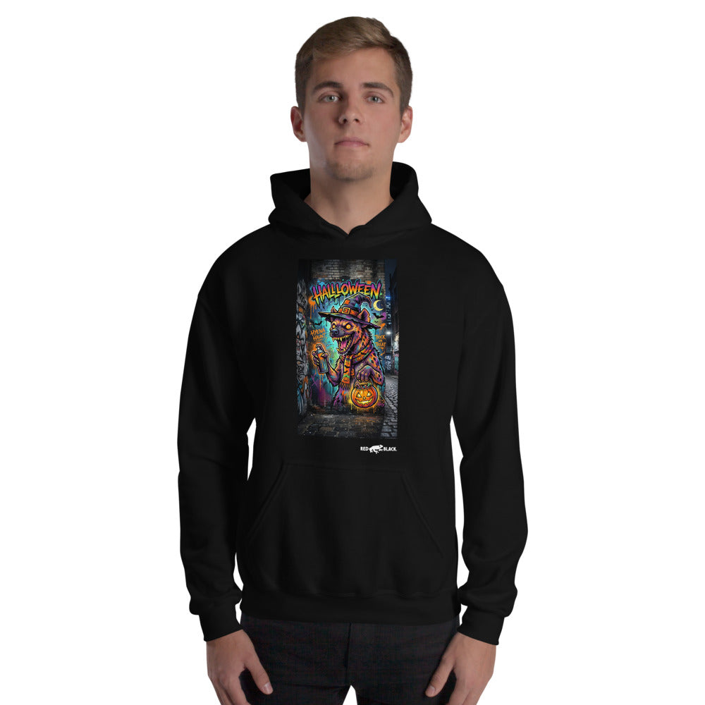 Hyena Haunt hoodie on male model, Black