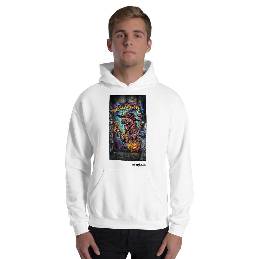 Hyena Haunt hoodie on male model, White