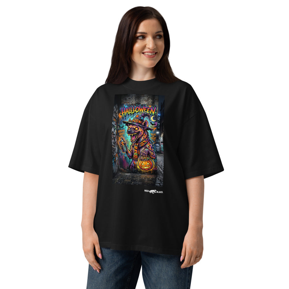 Hyena Haunt oversized tee on female model, Black