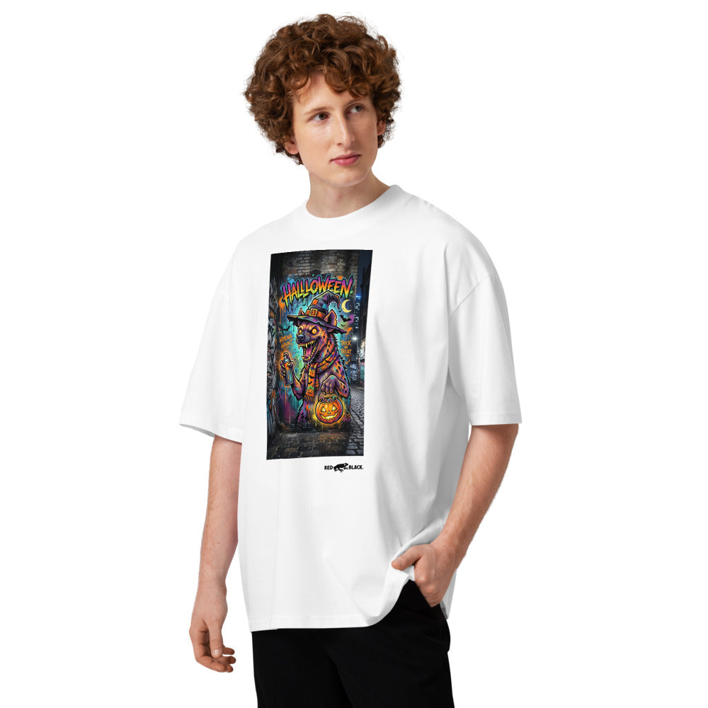Hyena Haunt oversized tee on male model, White