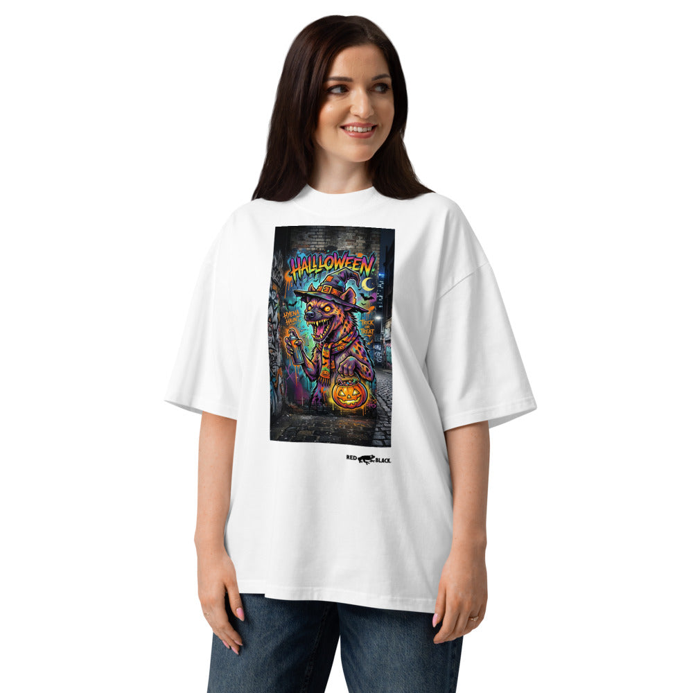 Hyena Haunt oversized tee on female model, White
