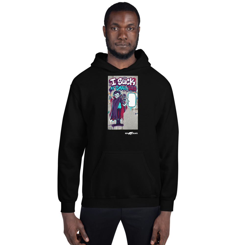I Suck Small Talk hoodie on male model, Black