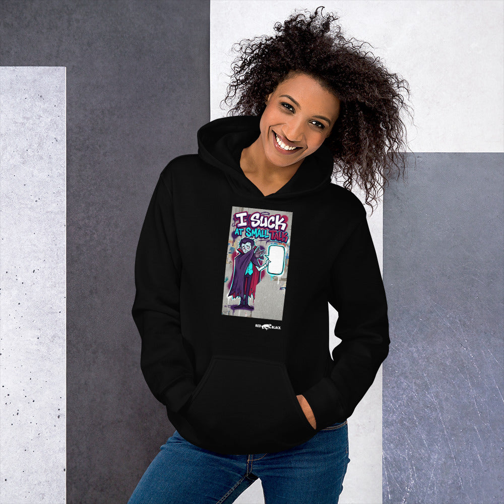 I Suck Small Talk hoodie on female model, Black