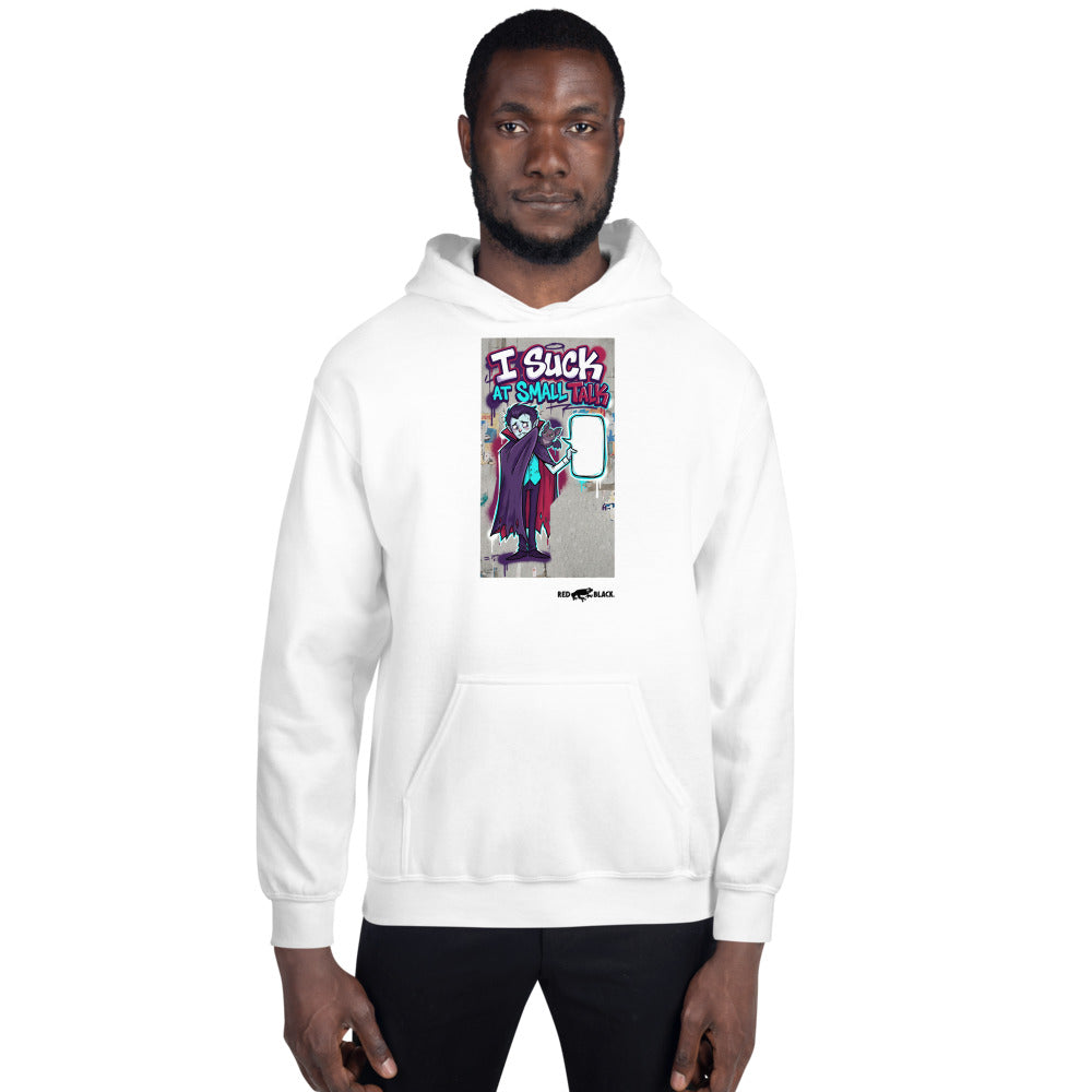 I Suck Small Talk hoodie on male model, White