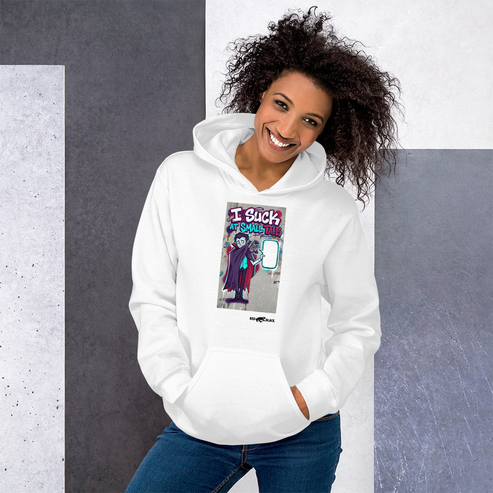 I Suck Small Talk hoodie on female model, White