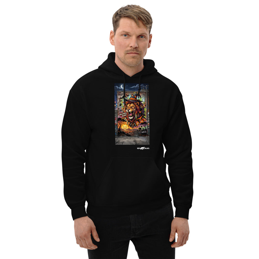 Lion Halloween Roar hoodie on male model, Black