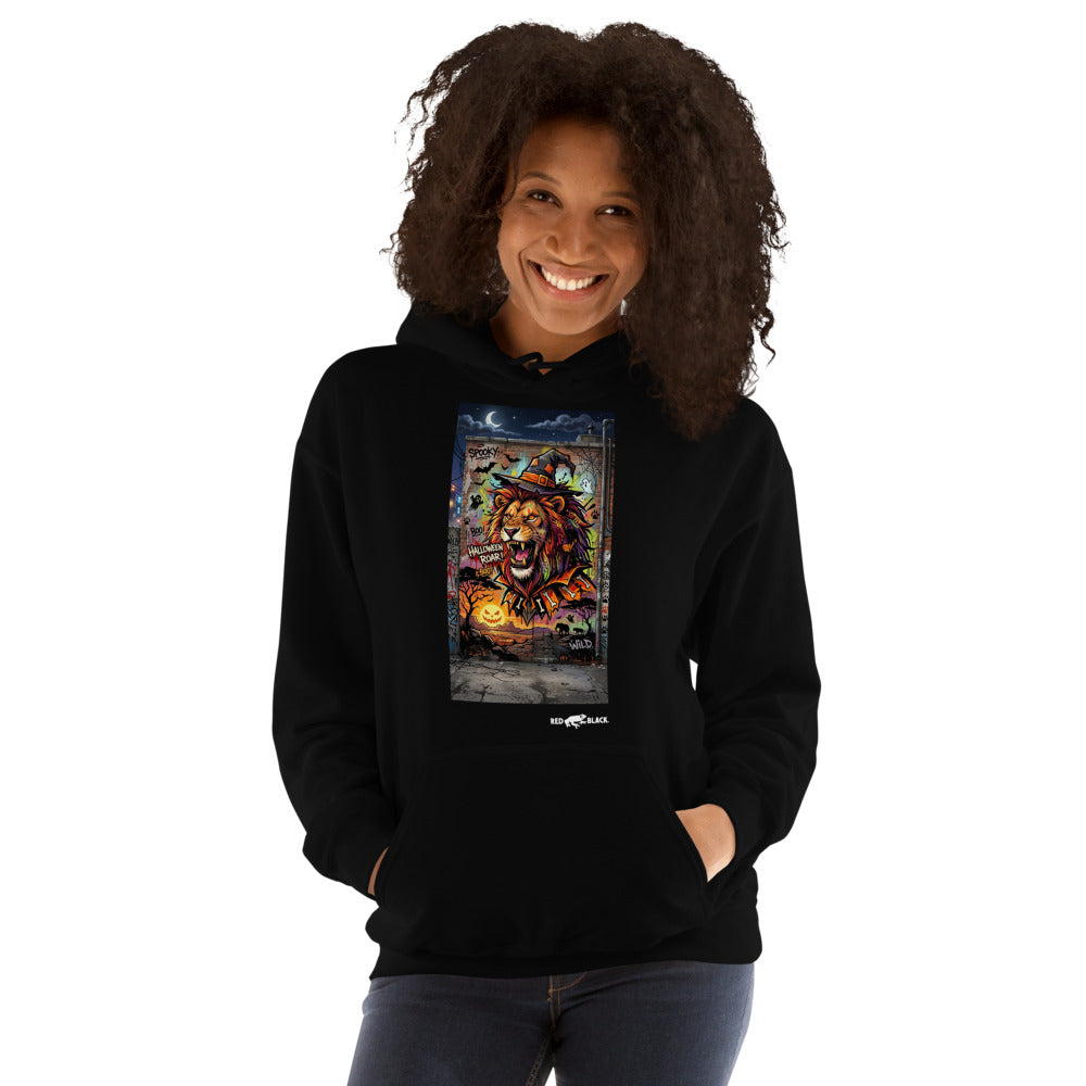 Lion Halloween Roar hoodie on female model, Black