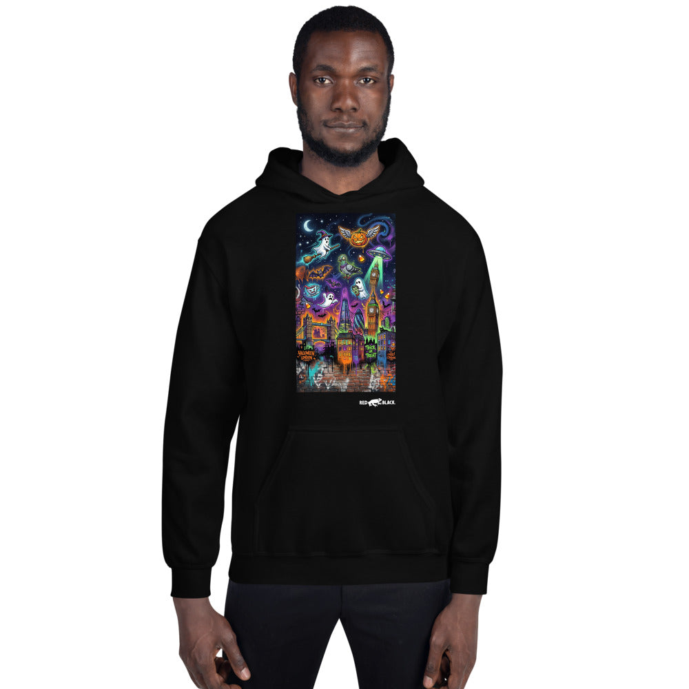 London Skyline hoodie on male model, Black