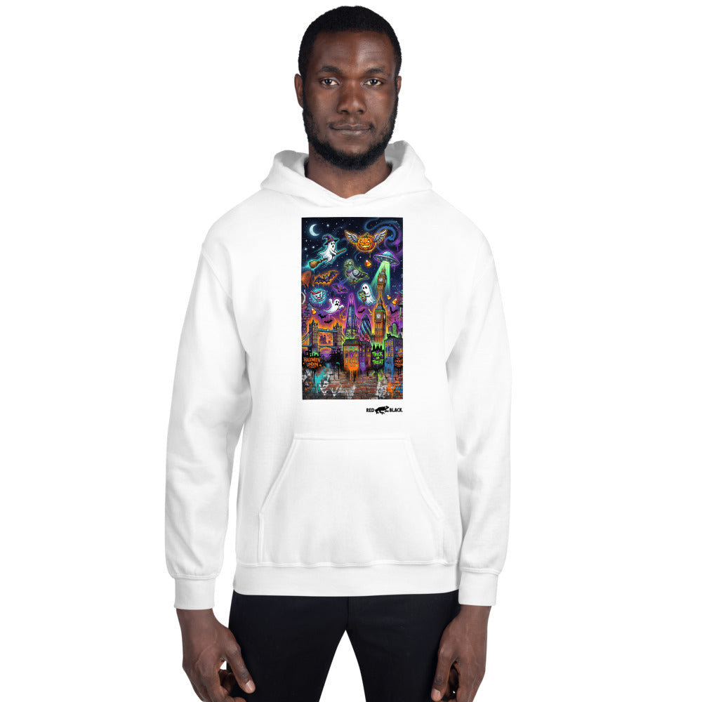 London Skyline hoodie on male model, White