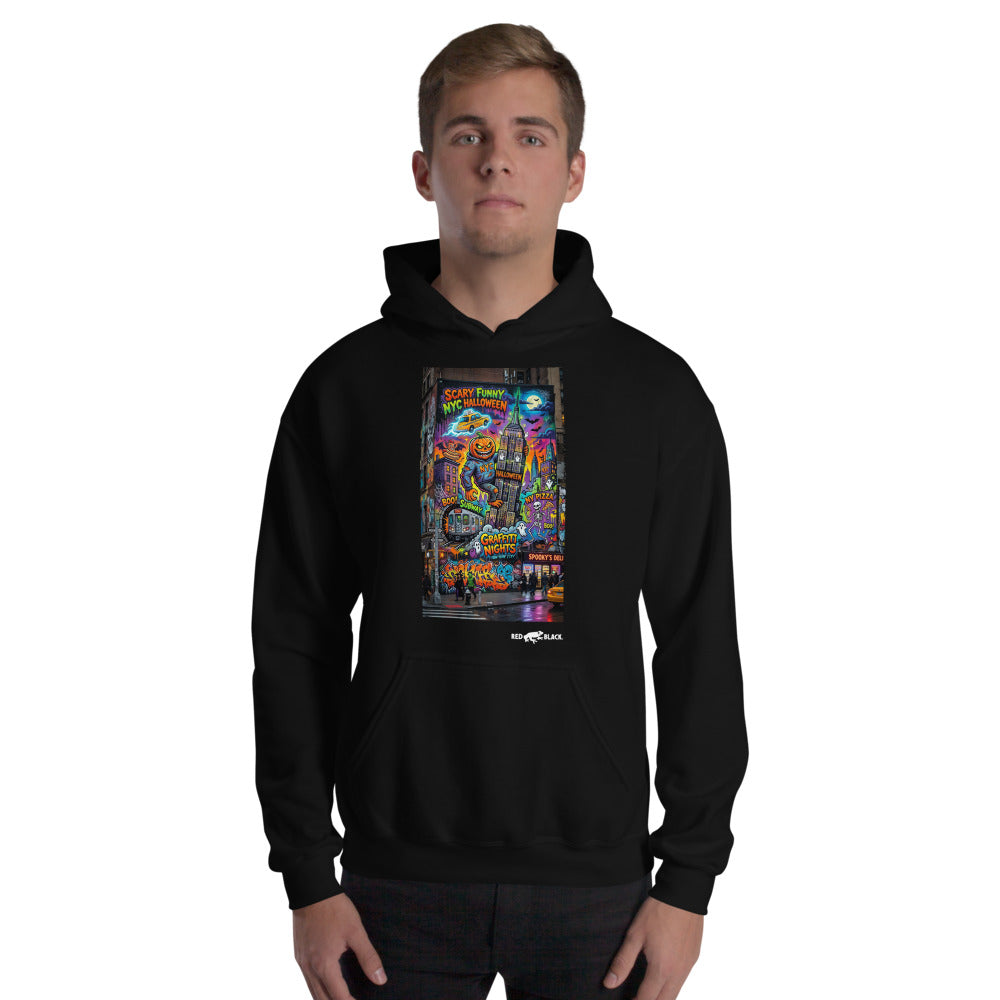 NYC Halloween hoodie on male model, Black
