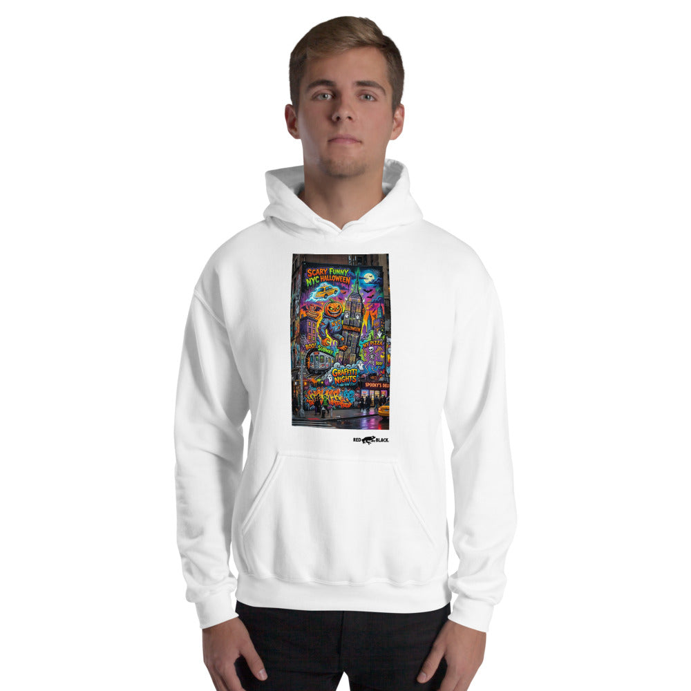 NYC Halloween hoodie on male model, White
