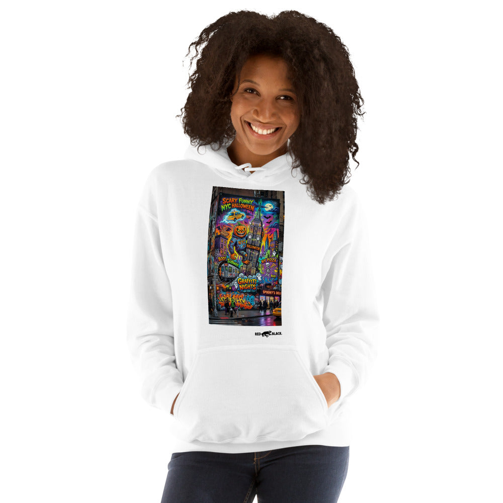 NYC Halloween hoodie on female model, White