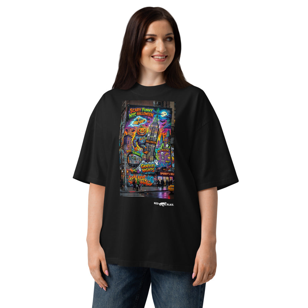 NYC Halloween oversized tee on female model, Black