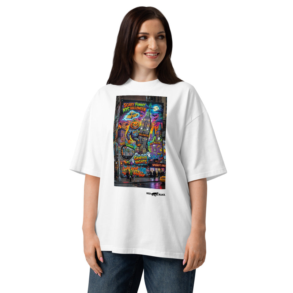 NYC Halloween oversized tee on female model, White