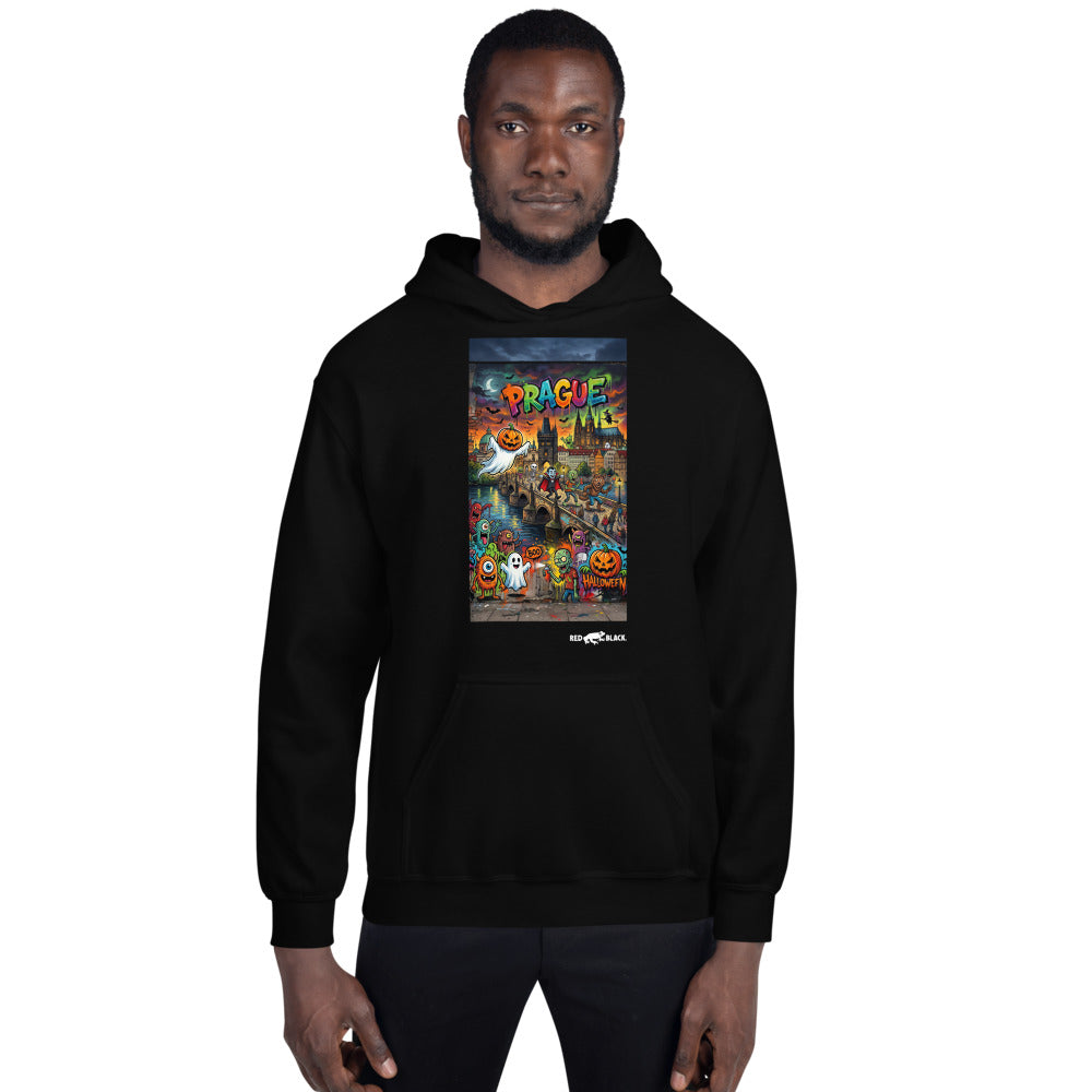 Prague Bridge hoodie on male model, Black