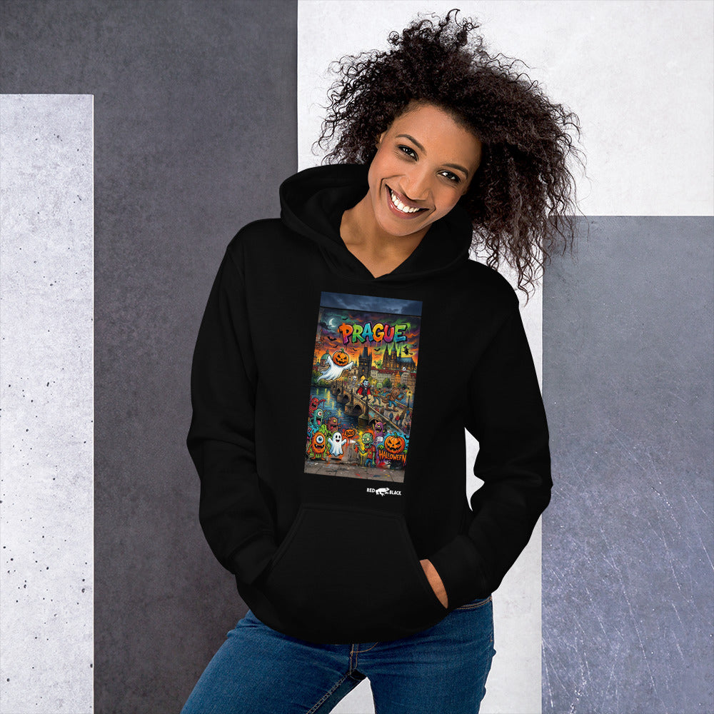 Prague Bridge hoodie on female model, Black
