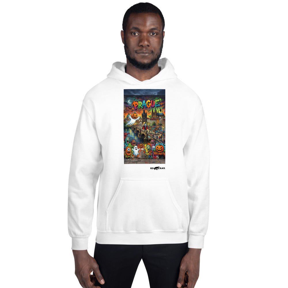 Prague Bridge hoodie on male model, White