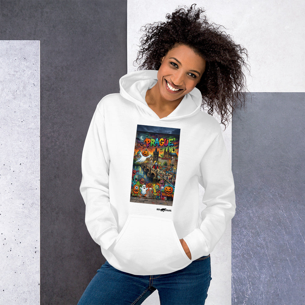 Prague Bridge hoodie on female model, White