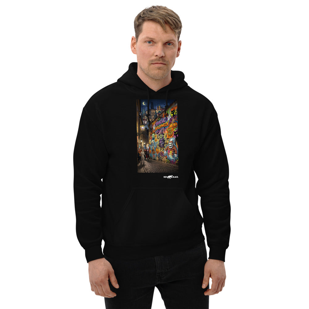 Prague Halloween hoodie on male model, Black