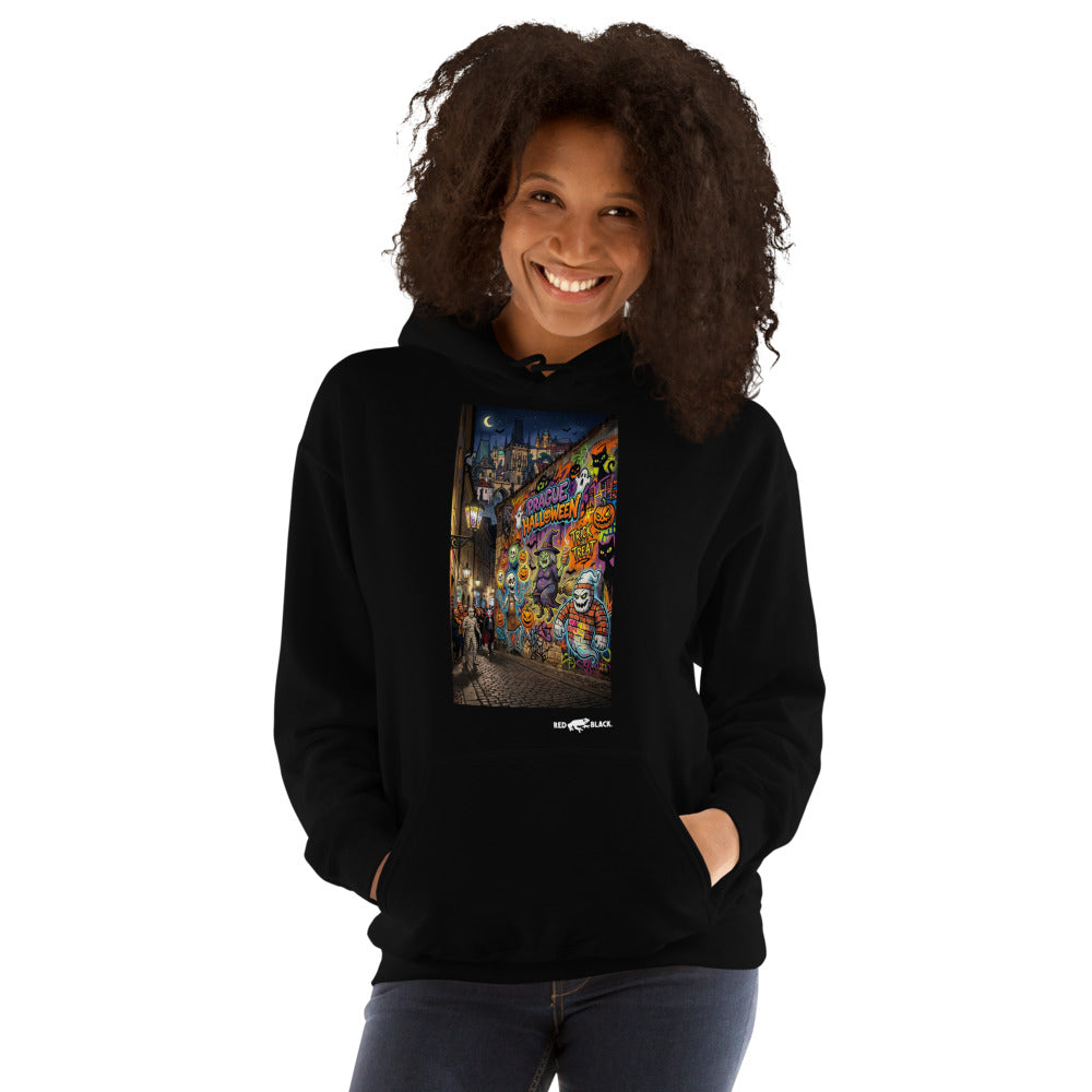 Prague Halloween hoodie on female model, Black