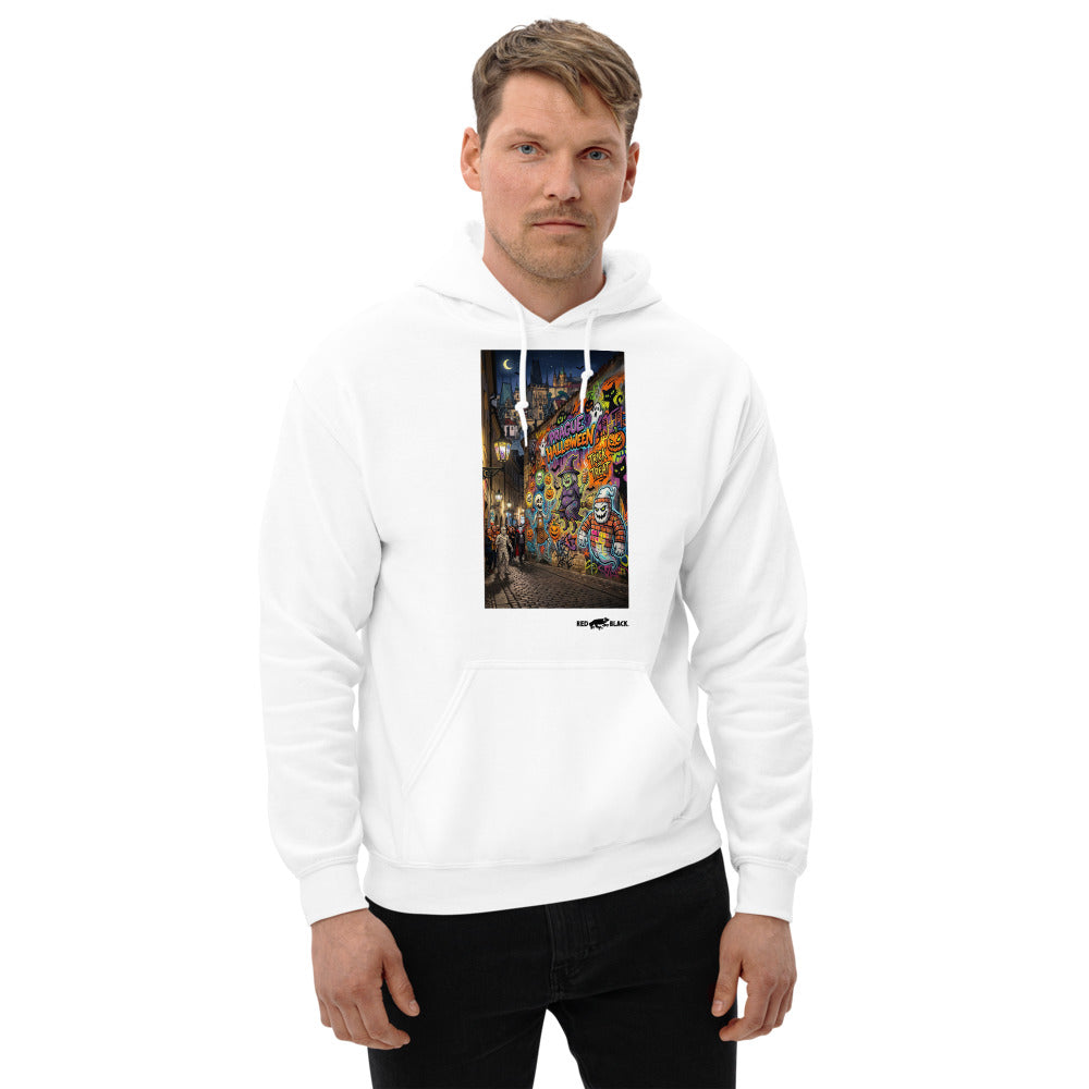 Prague Halloween hoodie on male model, White