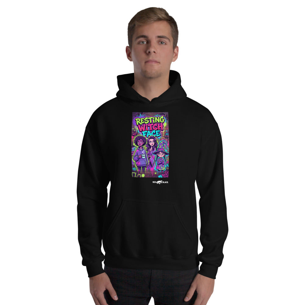 Resting Witch Face hoodie on male model, Black
