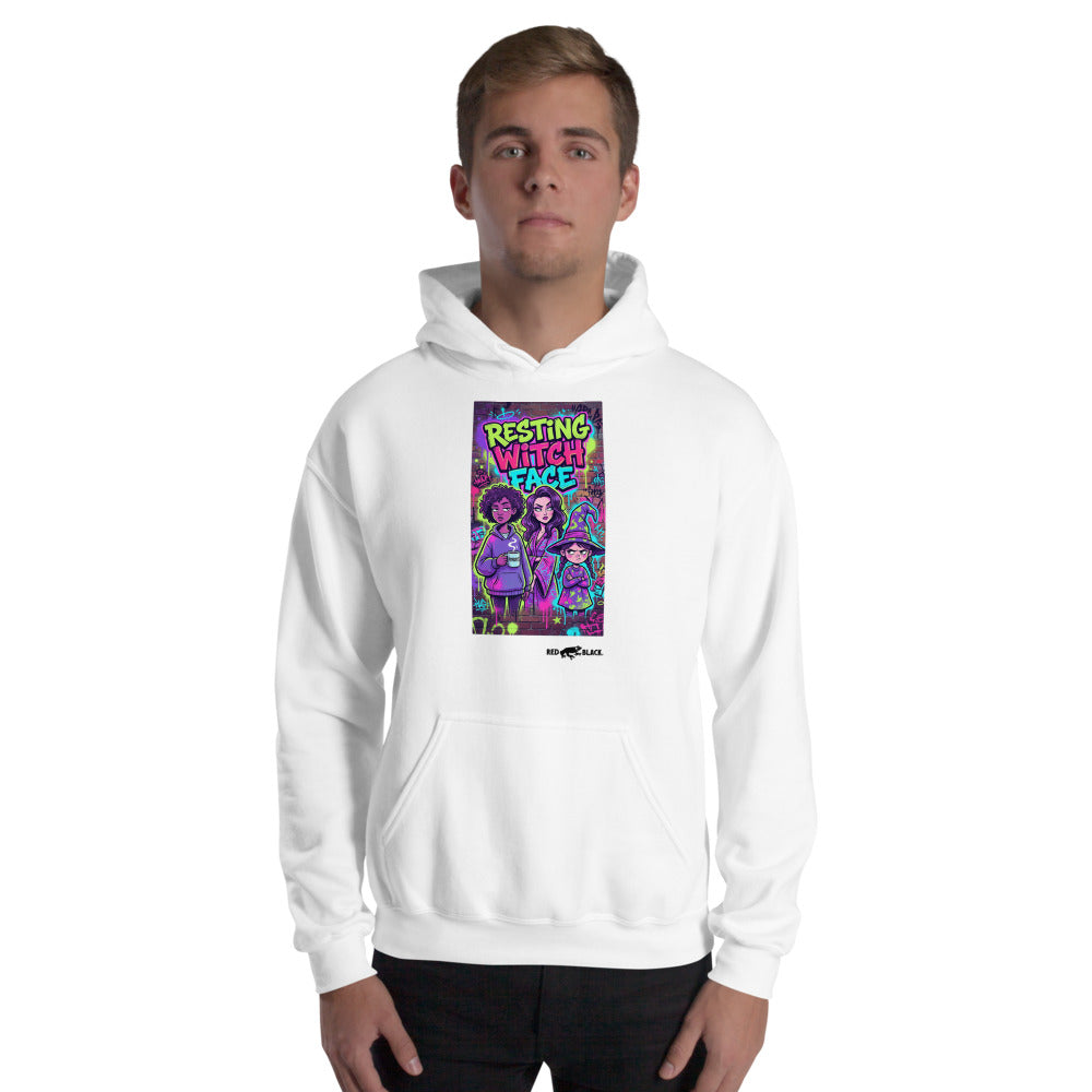 Resting Witch Face hoodie on male model, White